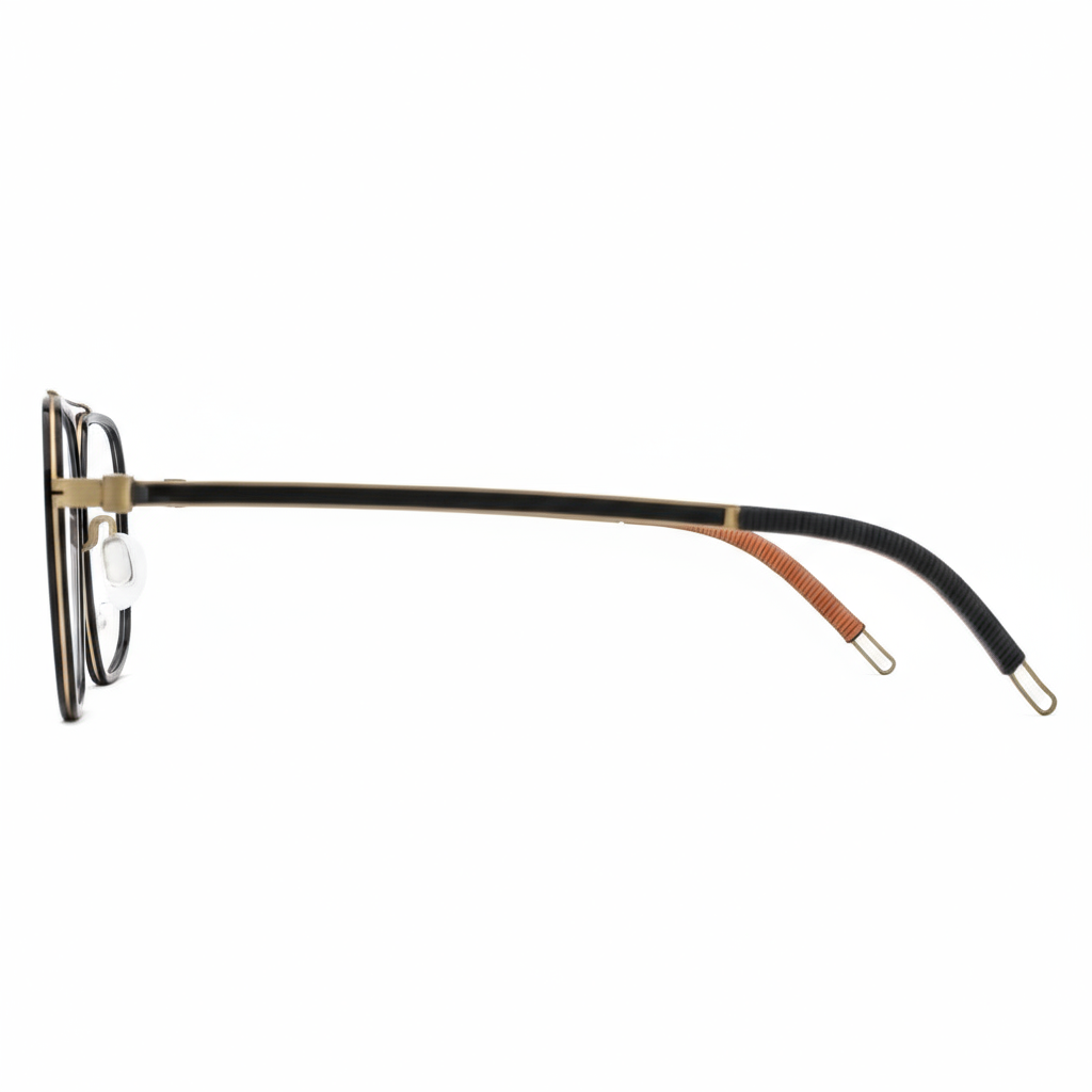 Eyeglasses with a black frame and brown accents on a white background