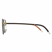 Eyeglasses with a black frame and brown accents on a white background