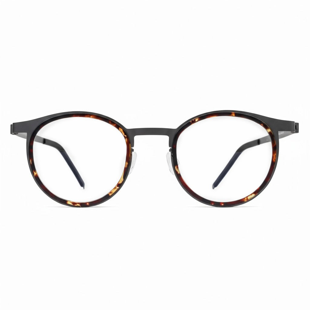 Round eyeglasses with tortoiseshell frame on a white background