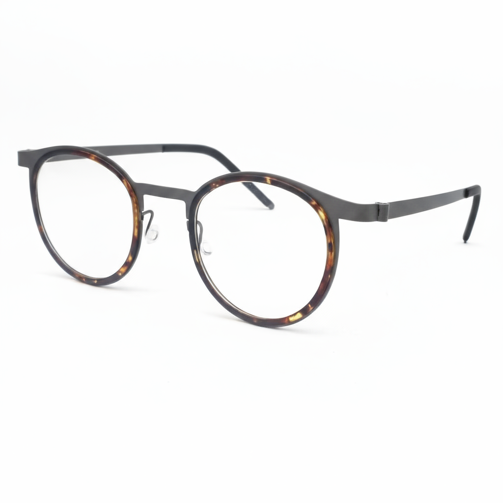 Round eyeglasses with a black and tortoiseshell frame on a white background