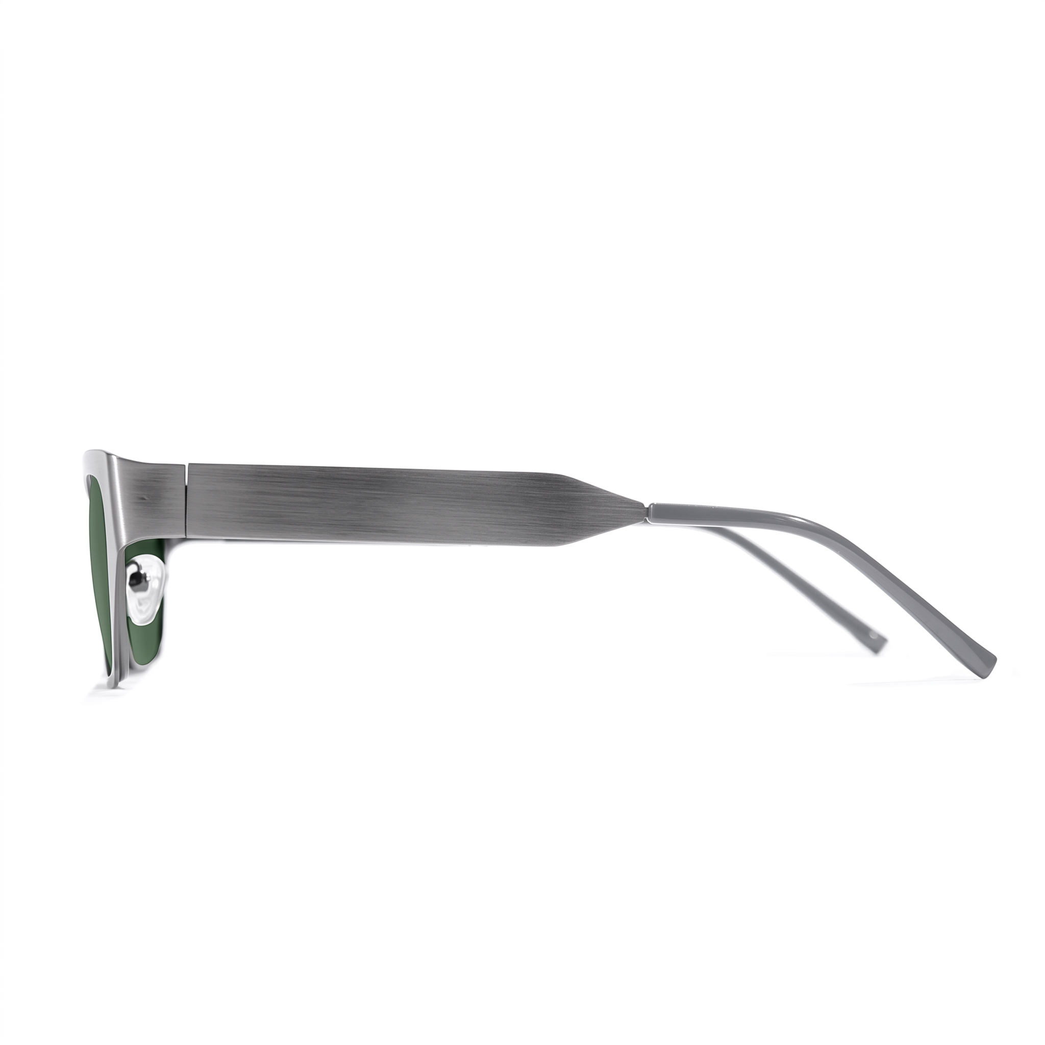 Side view of a pair of sunglasses with a brushed silver metal frame and temples, featuring green acetate around the lenses, shown against a plain white background.
