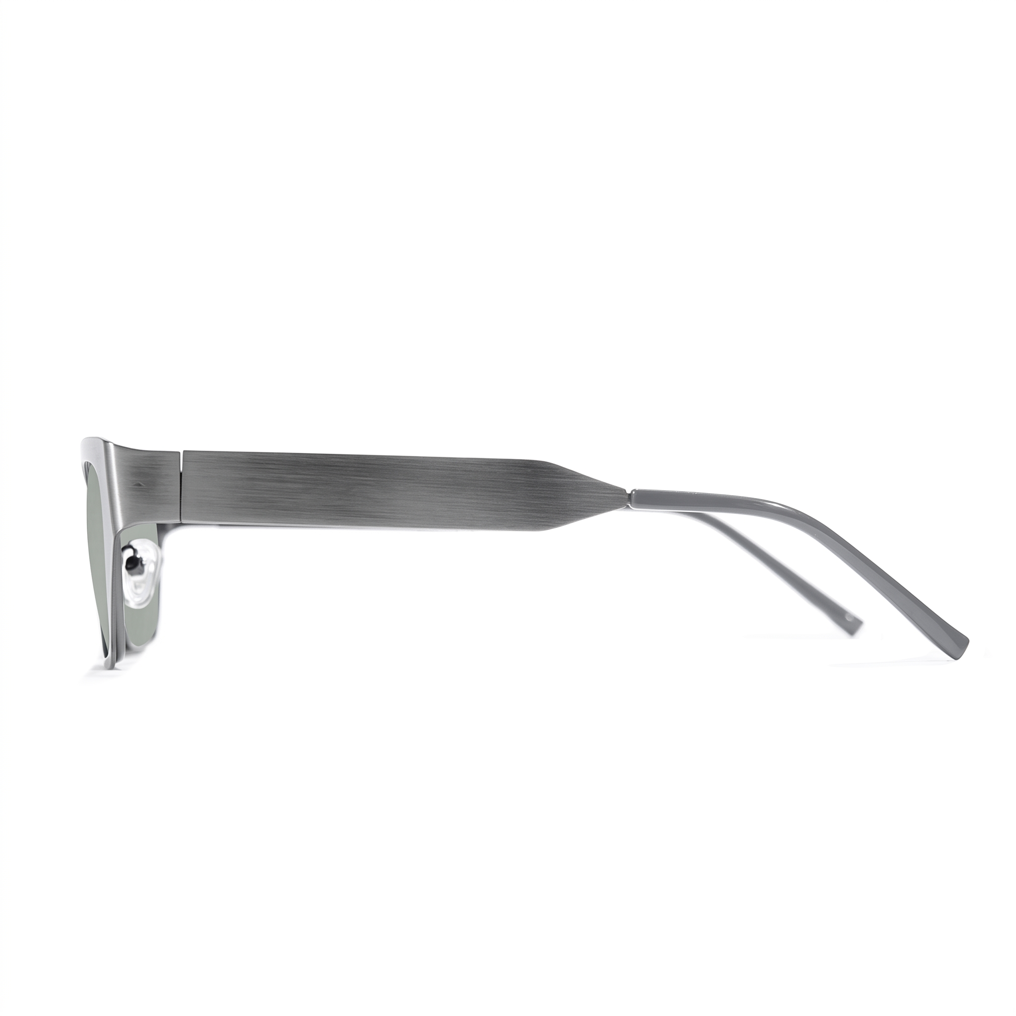 A pair of sunglasses with a brushed metallic silver frame and matching temple arms, shown in a side profile view against a plain white background.
