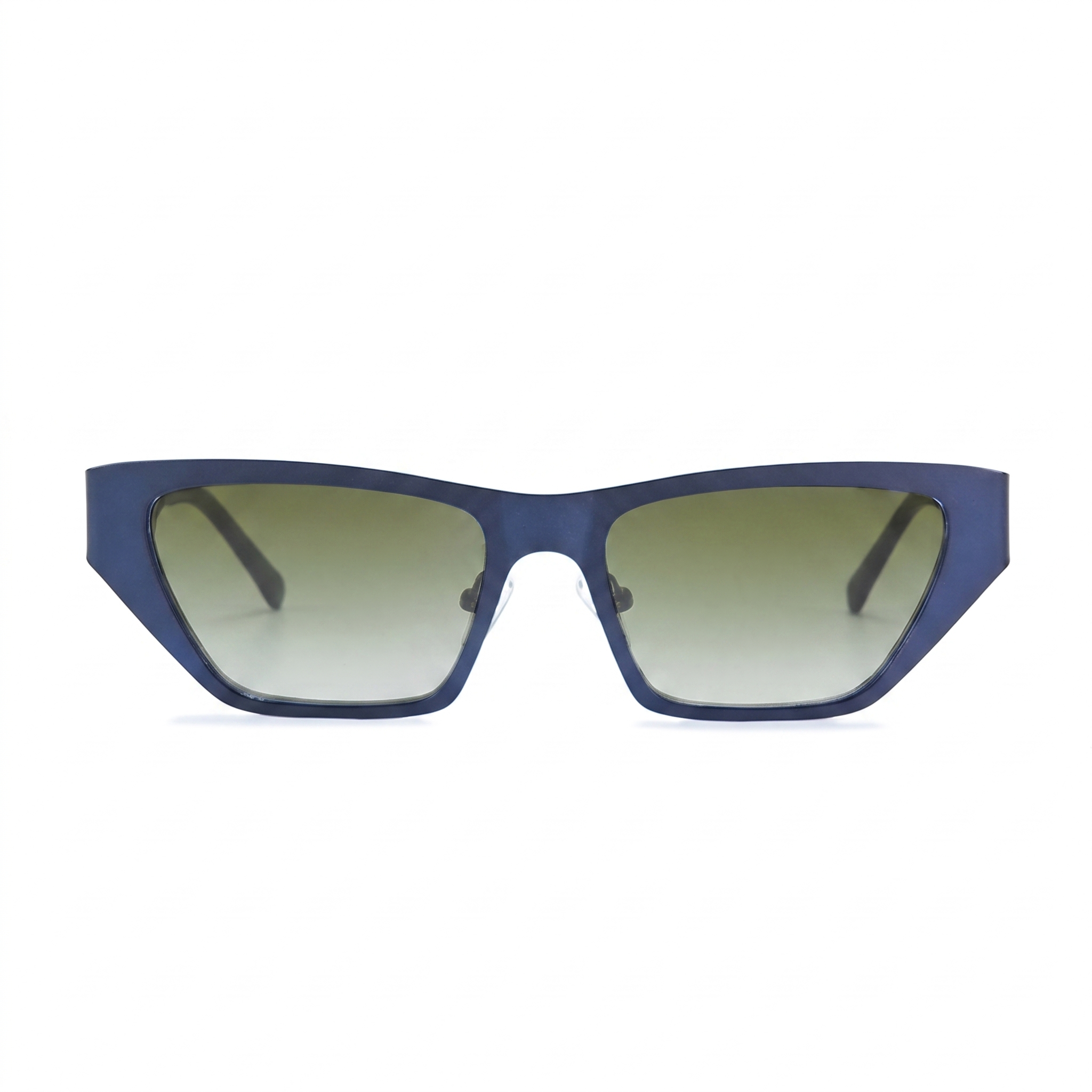 A pair of angular cat-eye sunglasses with a matte navy blue frame and gradient olive-green lenses, shown against a plain white background.