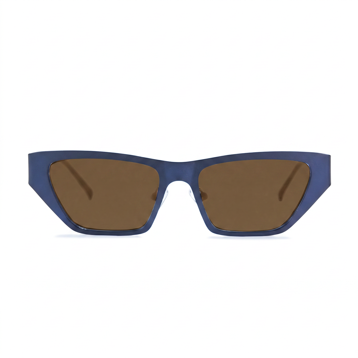 A pair of angular cat-eye sunglasses with a matte blue frame and brown tinted lenses, shown against a plain white background.