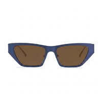 A pair of angular cat-eye sunglasses with a matte blue frame and brown tinted lenses, shown against a plain white background.