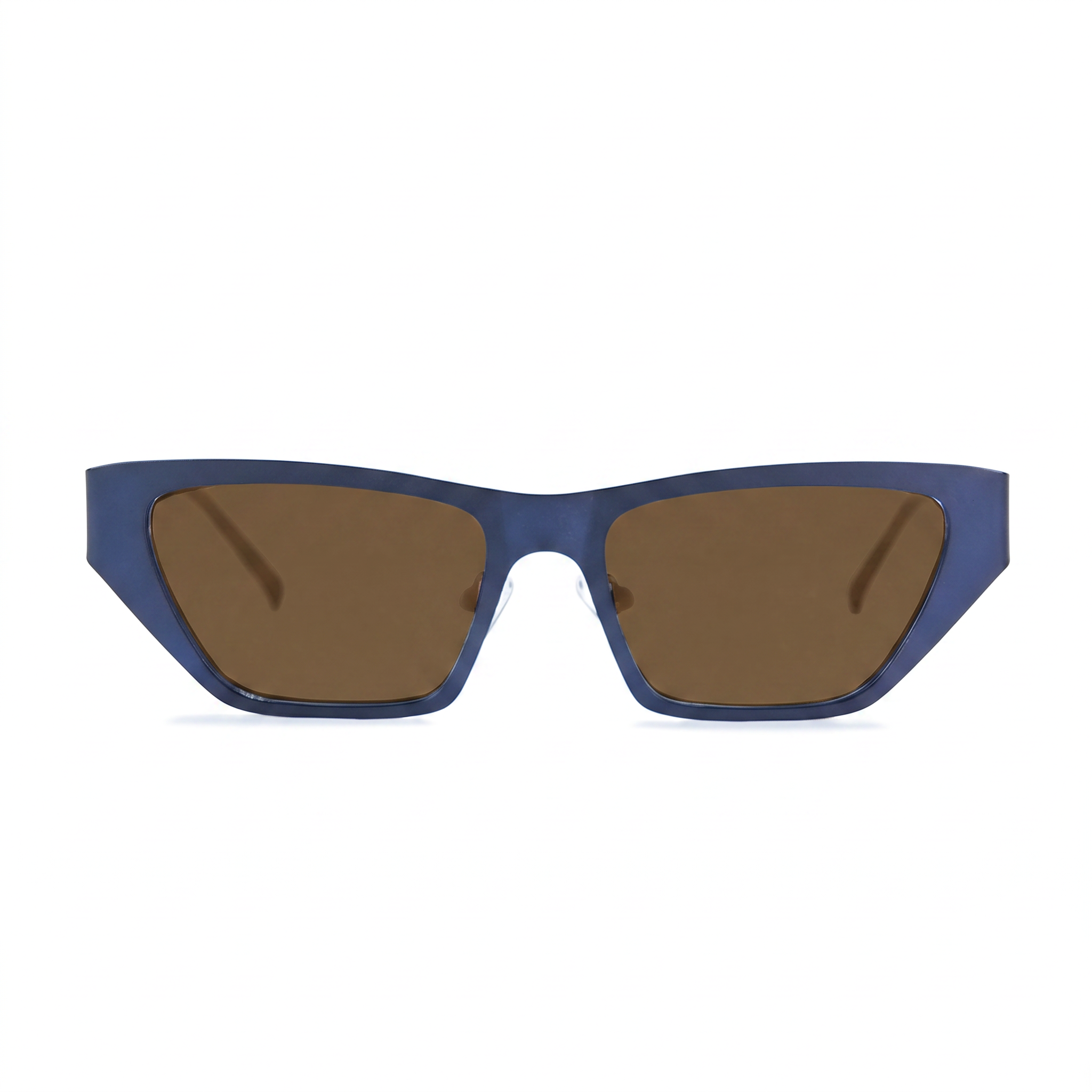 A pair of angular cat-eye sunglasses with a matte blue frame and brown tinted lenses, shown against a plain white background.