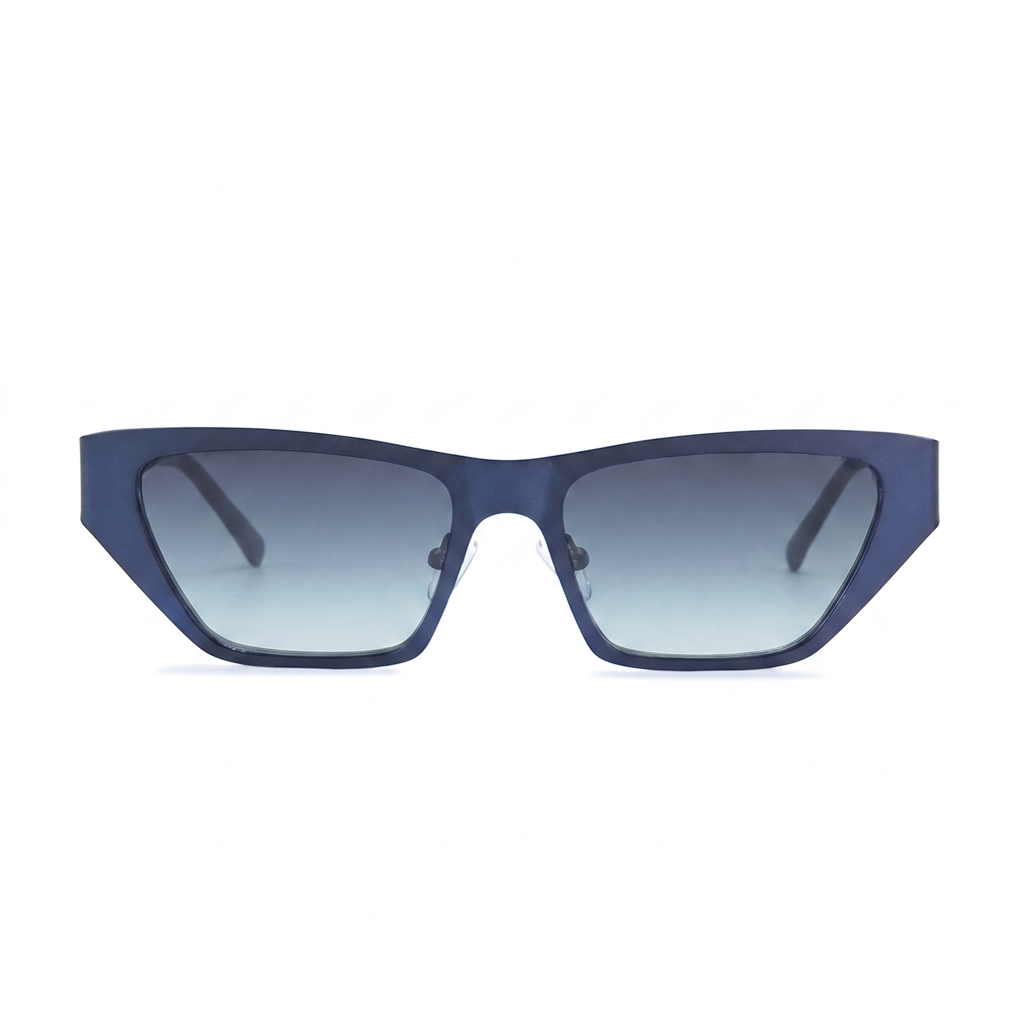 Matte navy blue cat-eye sunglasses with gradient gray-blue lenses, shown from the front on a white background.