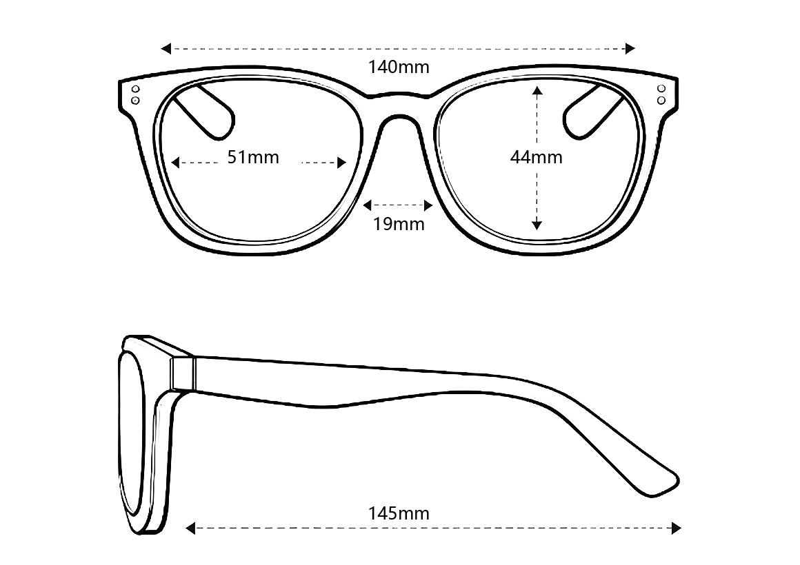 Measurement diagram of a pair of glasses with dimensions labeled.