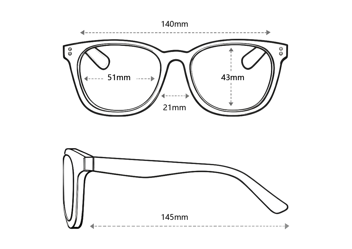 Measurement diagram of a pair of glasses with dimensions labeled.