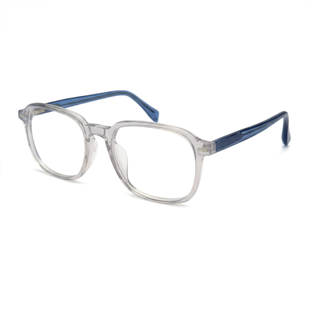 Eyeglasses with blue and clear frame on a white background