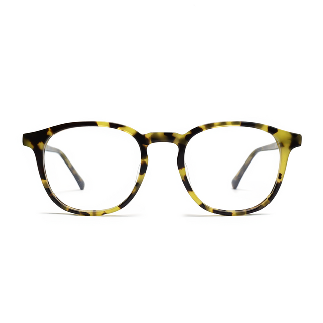 Round eyeglasses with a tortoiseshell pattern on a white background