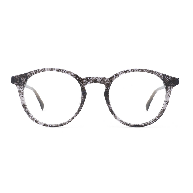 Round eyeglasses with a patterned frame on a white background