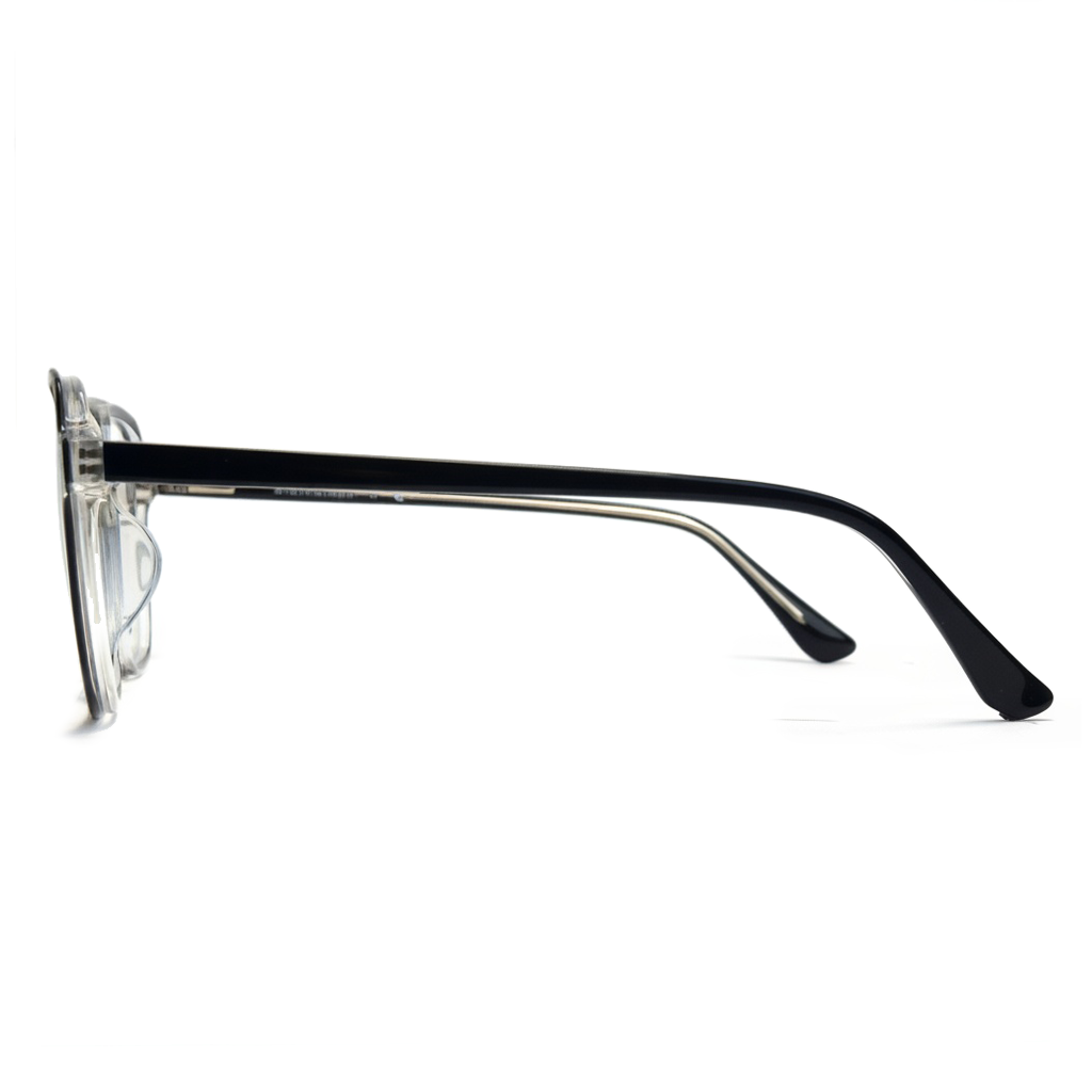 Eyeglasses with black frame and clear lenses on a white background