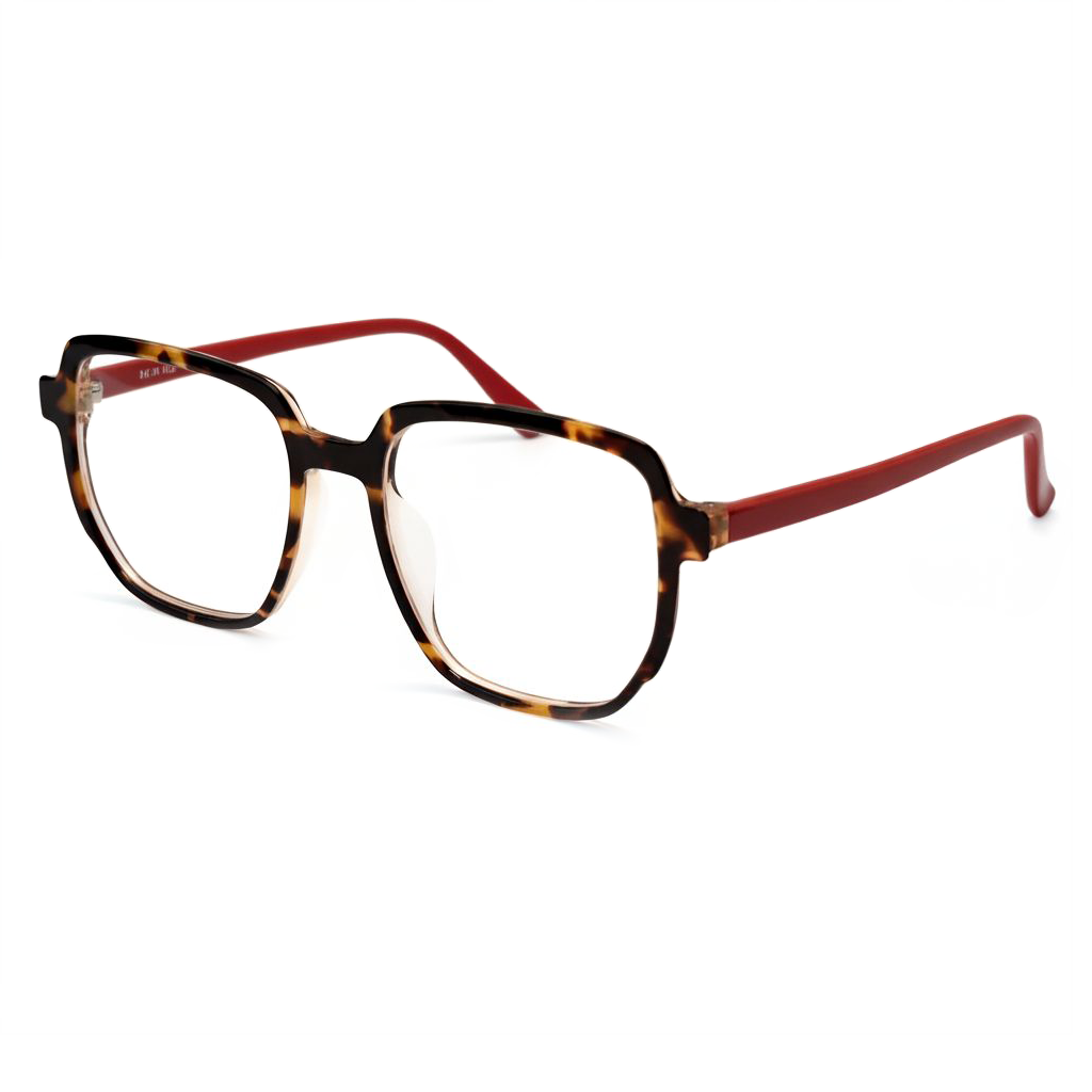 Eyeglasses with tortoiseshell frame and red arms on a white background