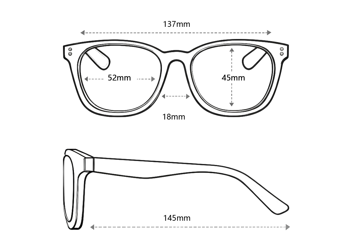 Measurement chart of a pair of eyeglasses with dimensions labeled.