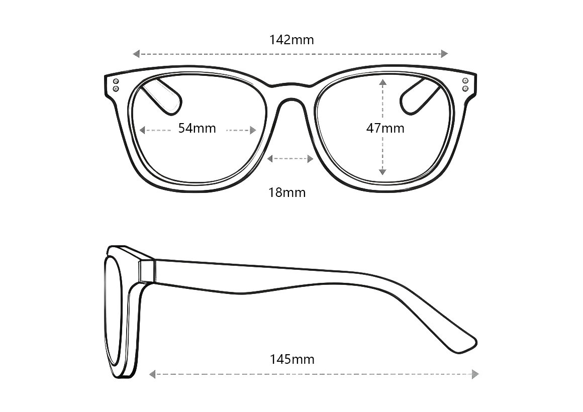 Measurement chart of a pair of eyeglasses with dimensions labeled.