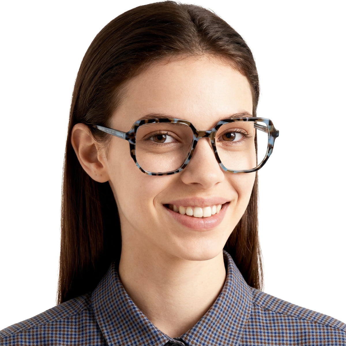 Woman wearing glasses with a checkered shirt on a white background