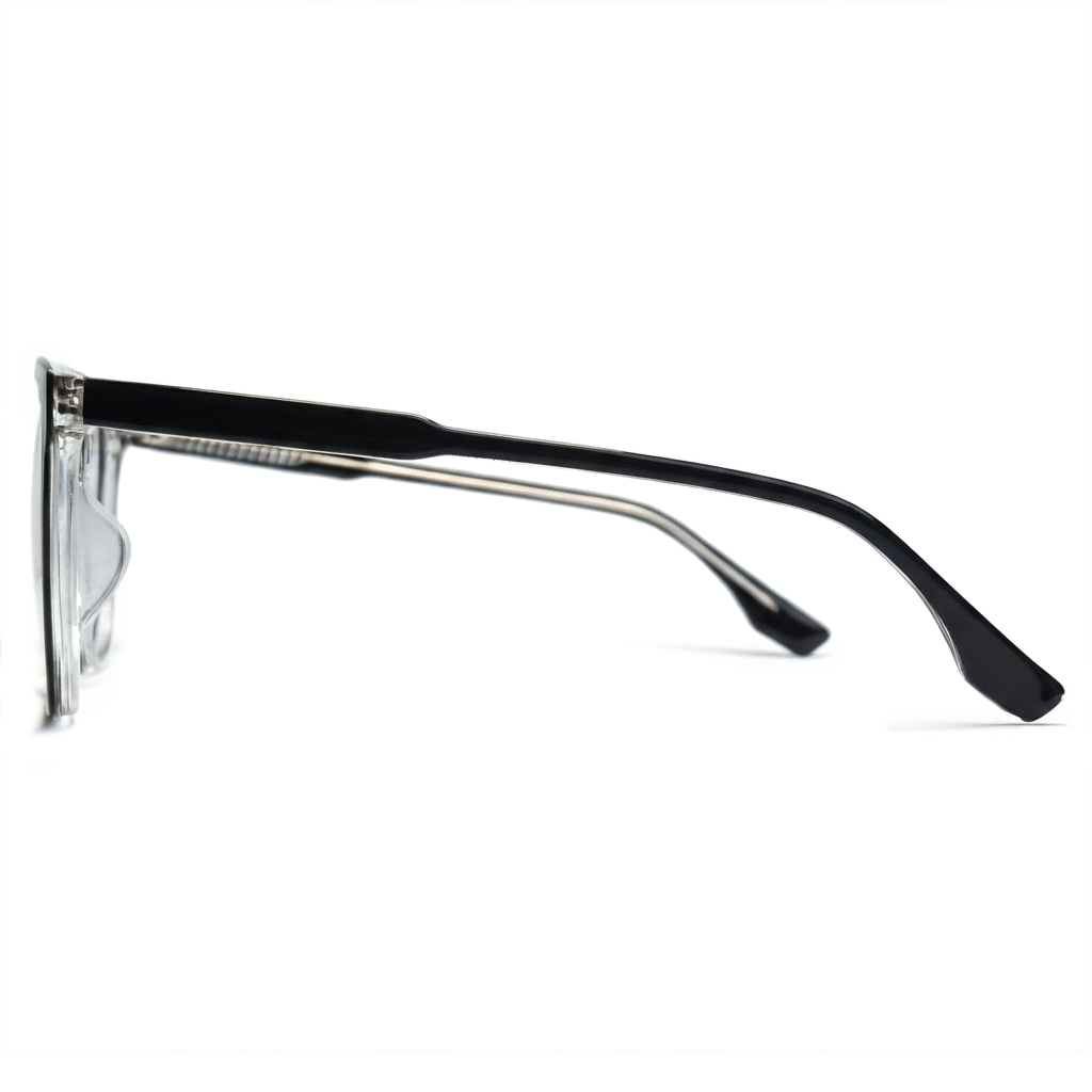 Black and silver eyeglasses on a white background