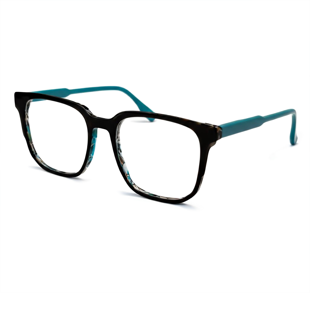 Eyeglasses with black and blue frame on a white background