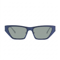 A pair of angular cat-eye sunglasses with a matte navy blue frame and light gray lenses, shown against a plain white background.