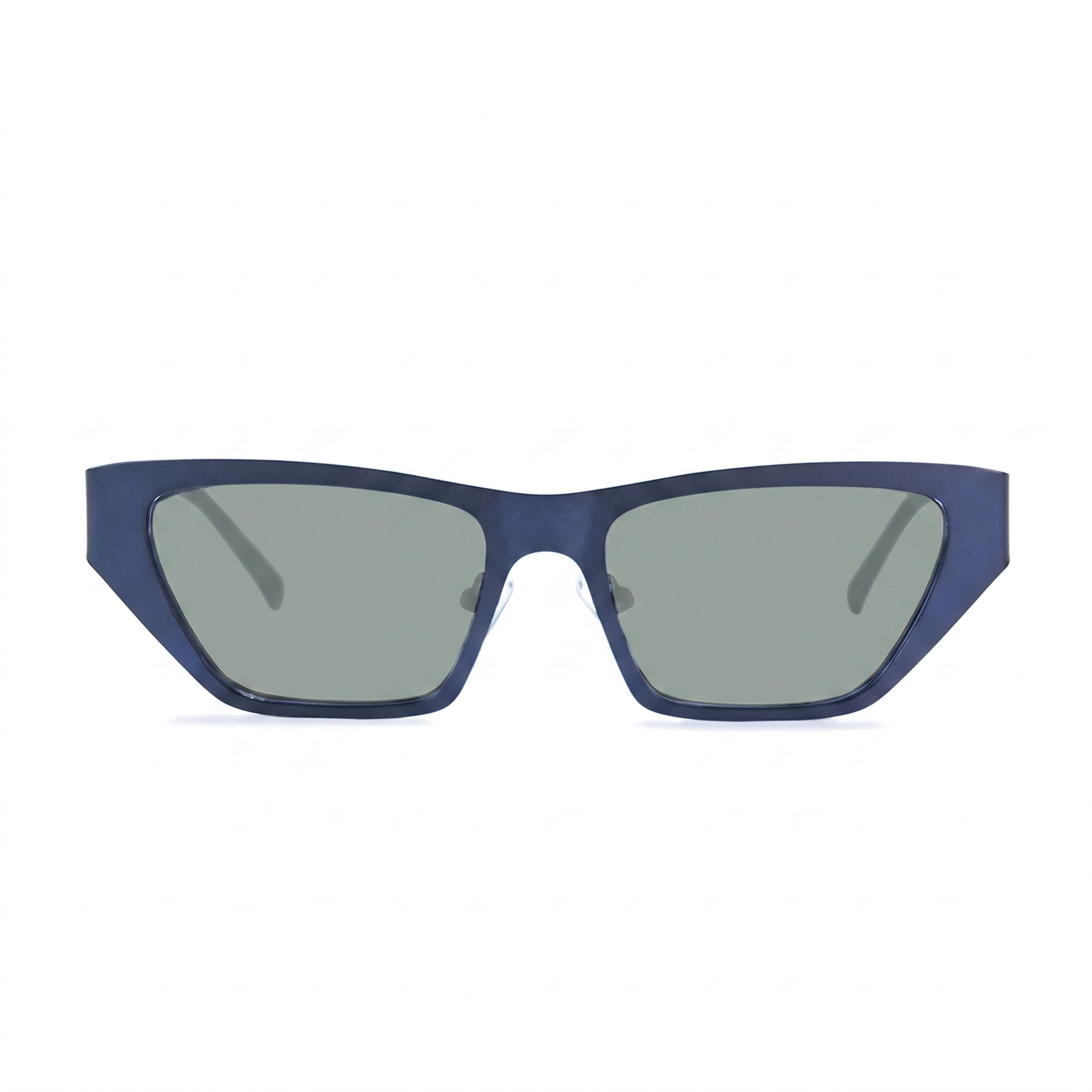 A pair of angular cat-eye sunglasses with a matte navy blue frame and light gray lenses, shown against a plain white background.