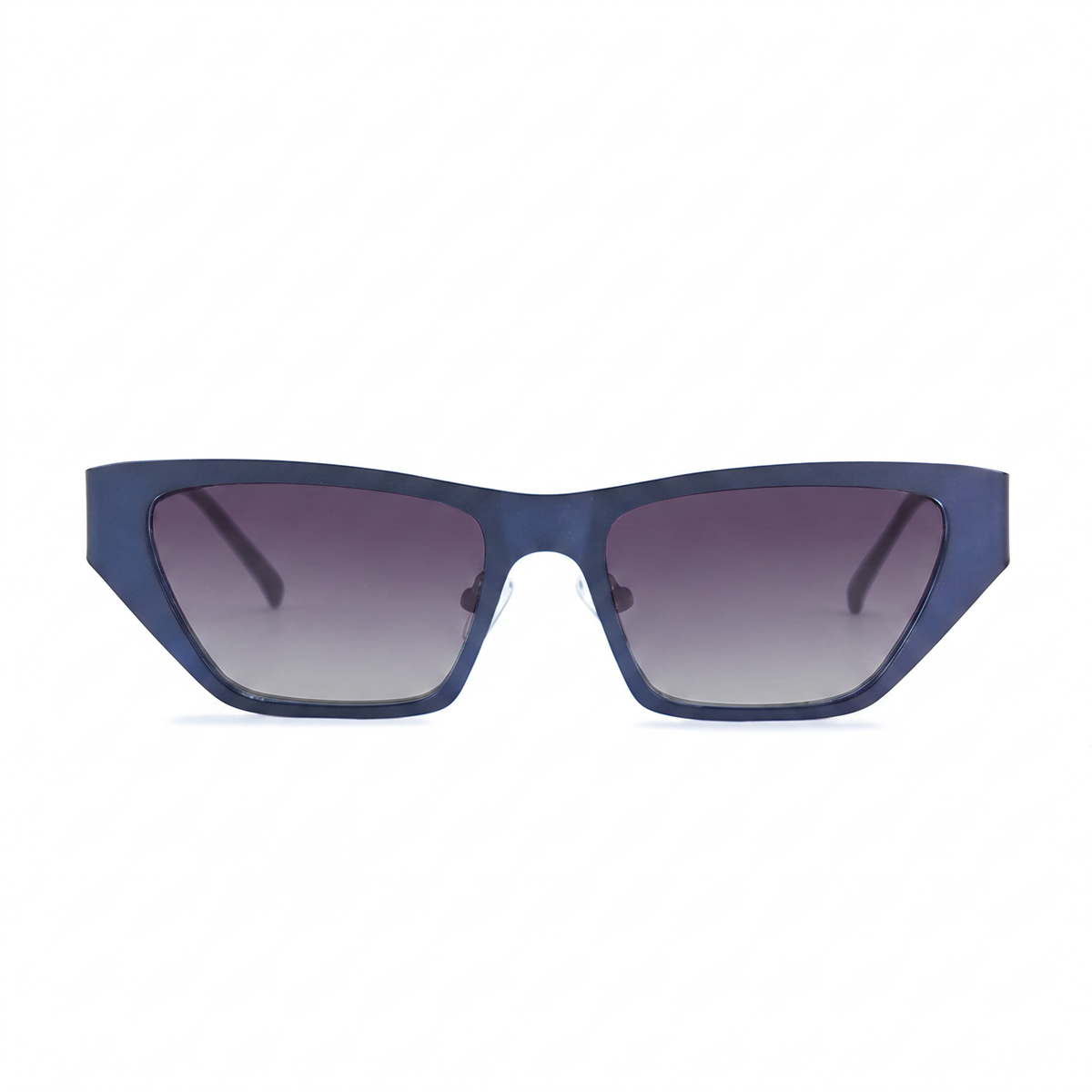 A pair of angular cat-eye sunglasses with a translucent dark blue frame and gradient gray lenses, shown against a plain white background.