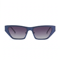 A pair of angular cat-eye sunglasses with a translucent dark blue frame and gradient gray lenses, shown against a plain white background.