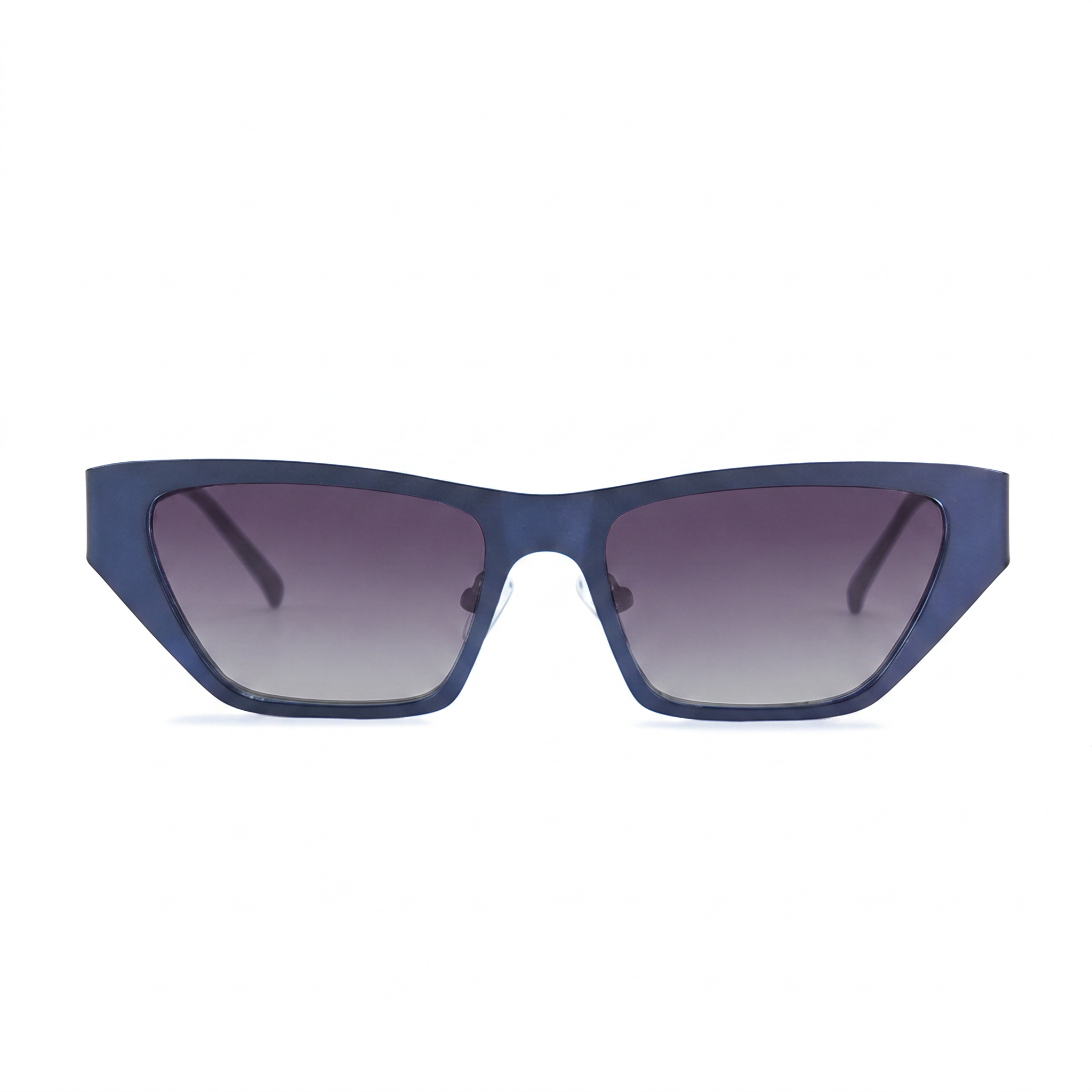 A pair of angular cat-eye sunglasses with a translucent dark blue frame and gradient gray lenses, shown against a plain white background.
