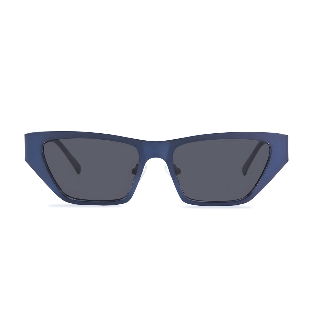 Matte navy blue cat-eye sunglasses with dark gray lenses, shown from the front on a solid white background.