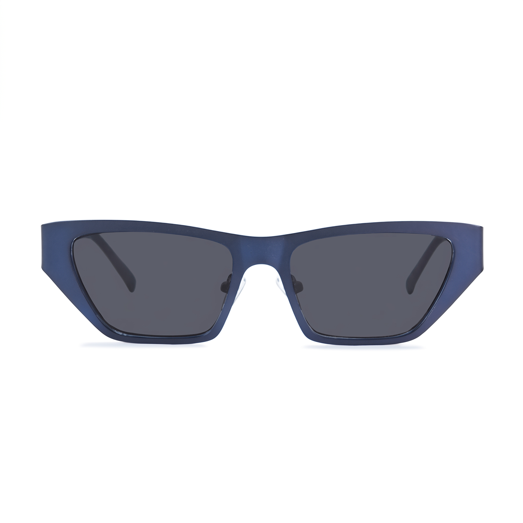 Matte navy blue cat-eye sunglasses with dark gray lenses, shown from the front on a solid white background.