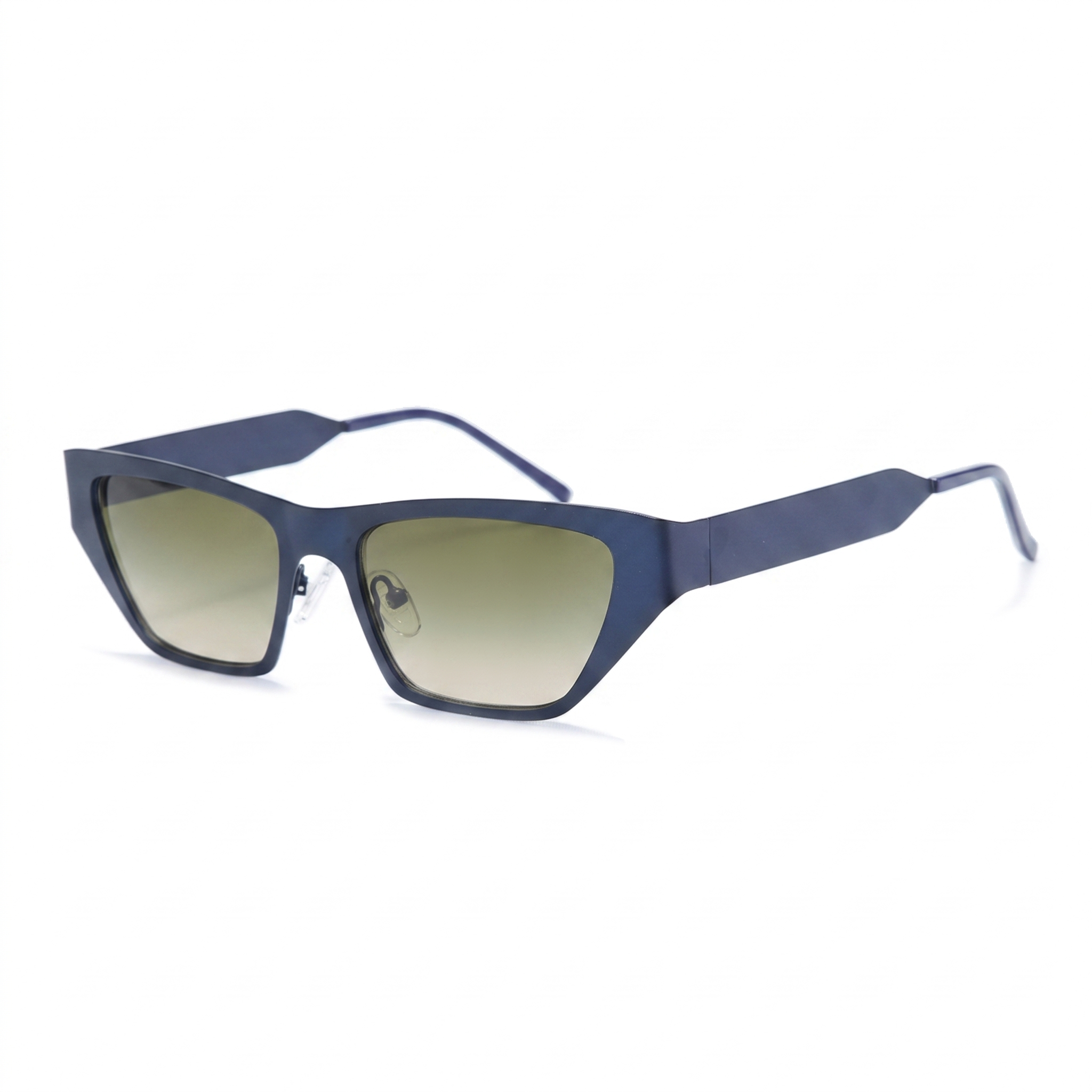 A pair of angular cat-eye sunglasses with a matte navy blue frame and gradient green-tinted lenses, shown on a clean white background.