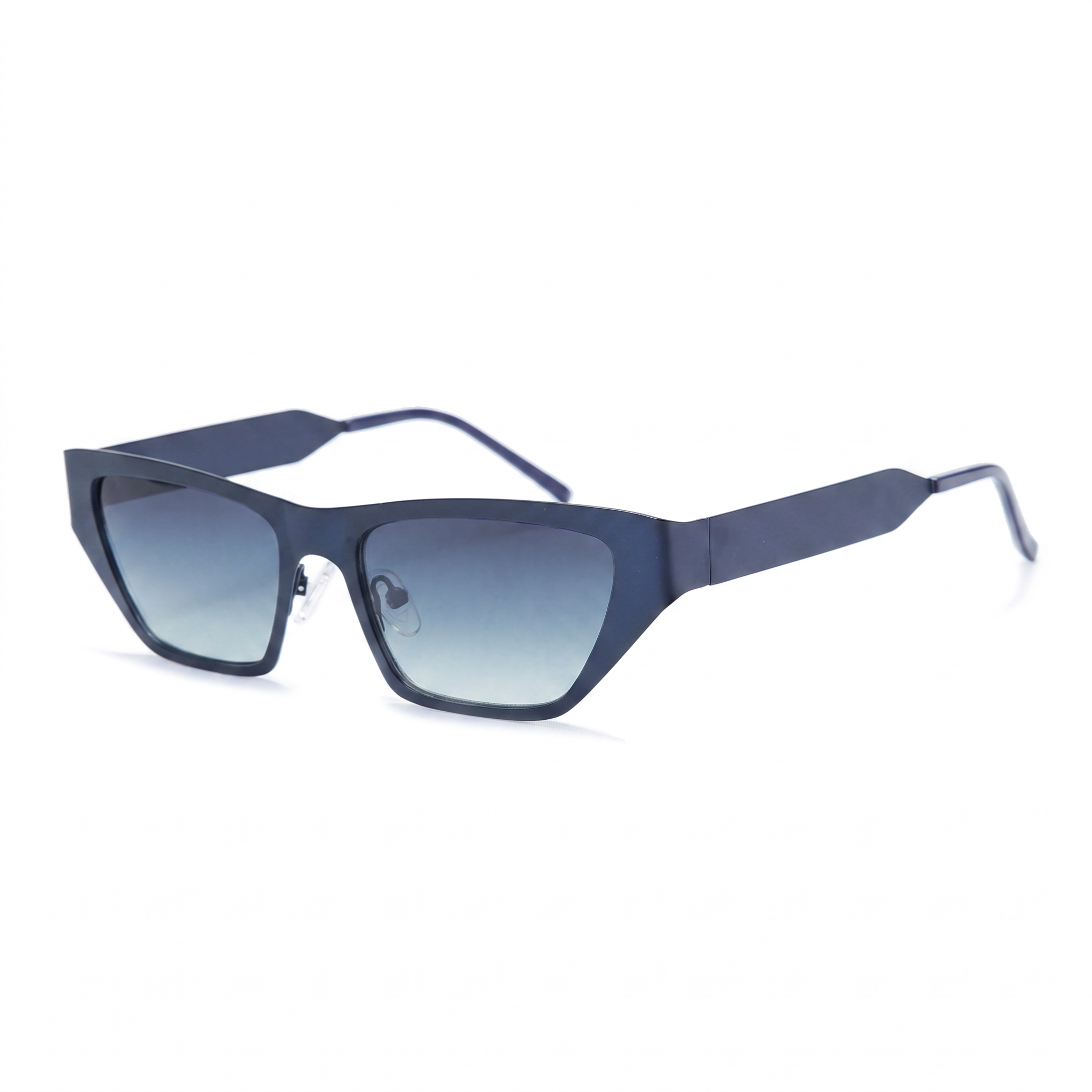 A pair of angular square sunglasses with a matte dark blue frame and gradient blue lenses, shown on a clean white background.