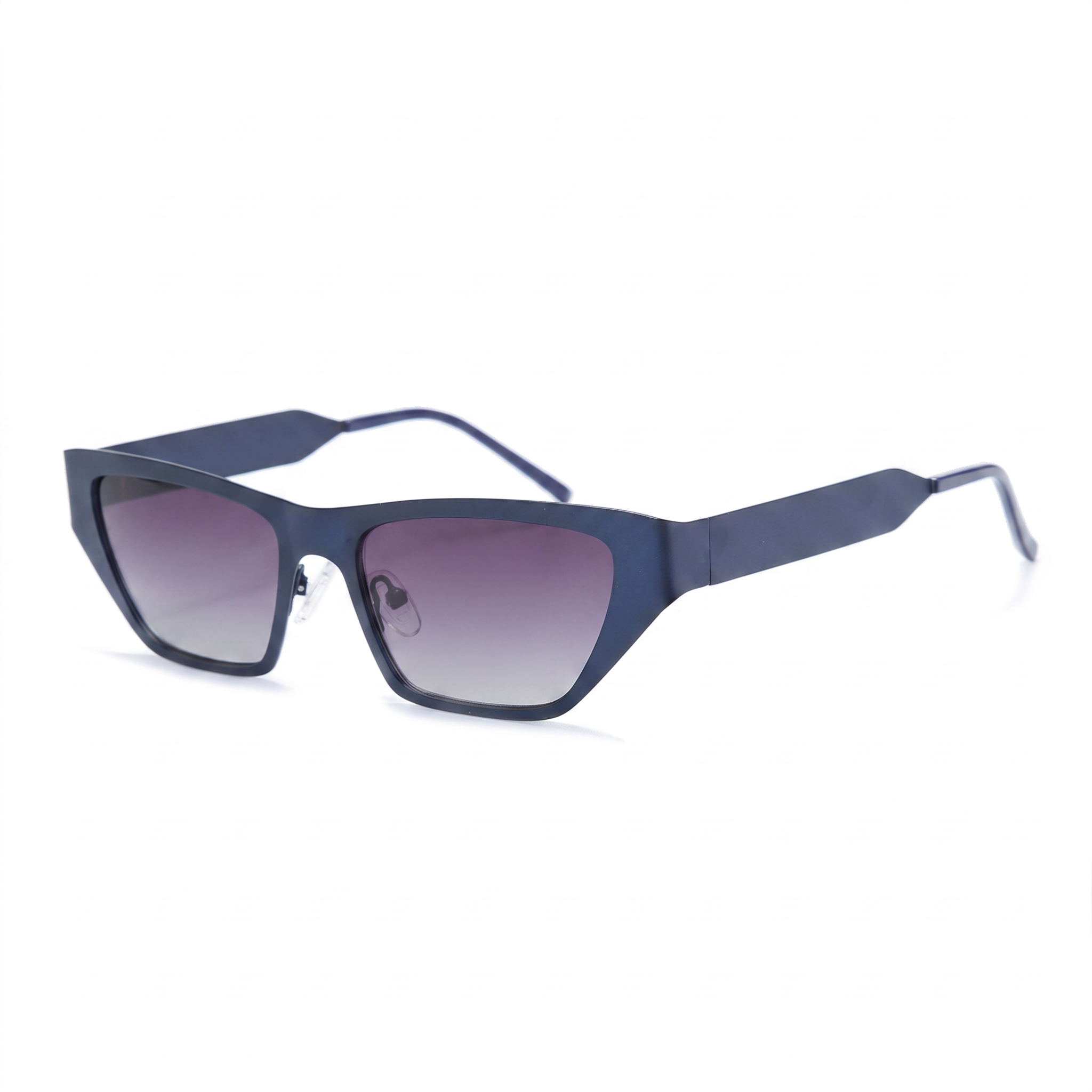 Matte navy blue sunglasses with a geometric angular frame and gradient purple lenses, shown on a clean white background.