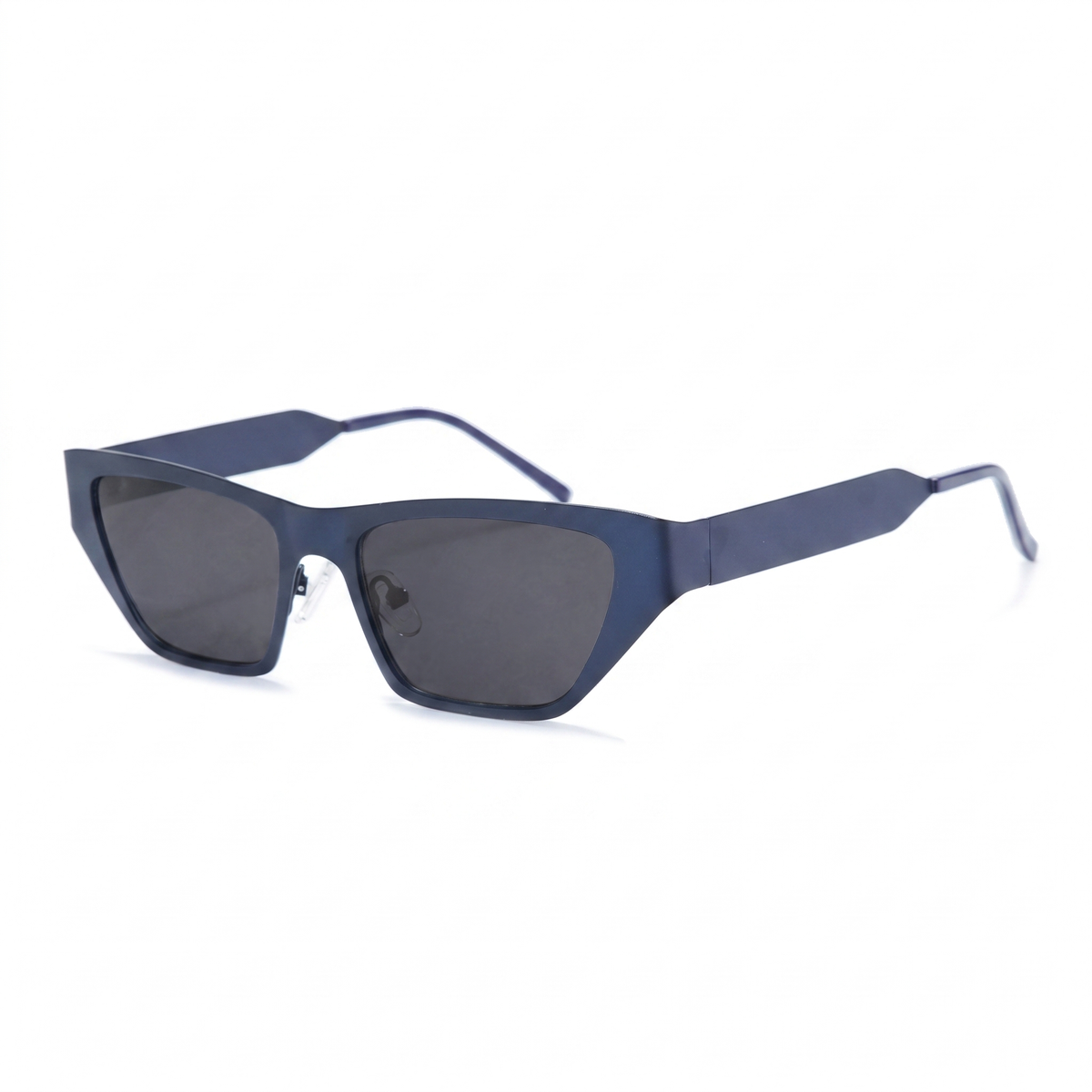 Matte navy blue geometric sunglasses with dark gray lenses, shown at a three-quarter angle on a white background.