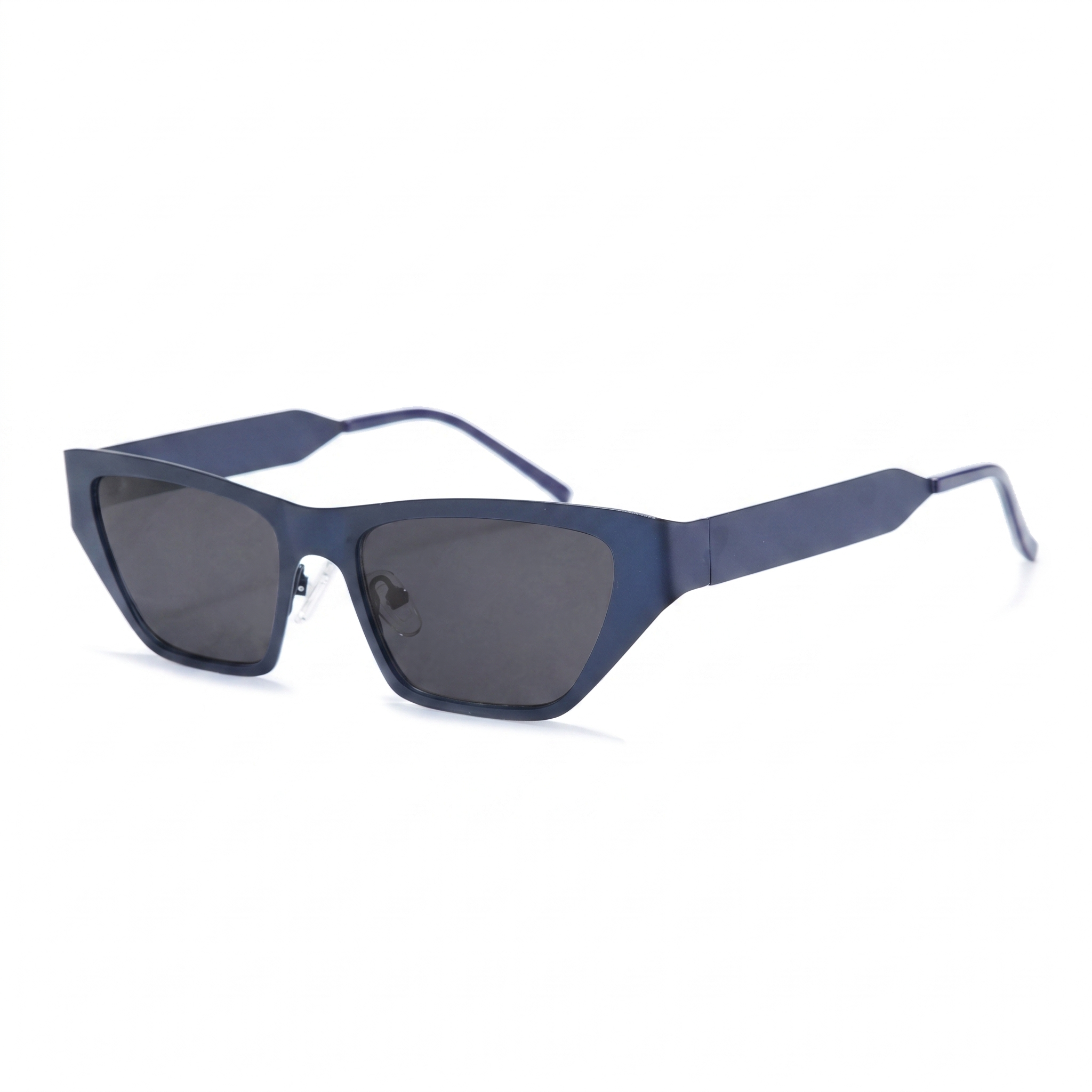 Matte navy blue geometric sunglasses with dark gray lenses, shown at a three-quarter angle on a white background.