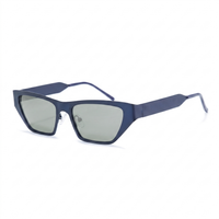 A pair of angular square sunglasses with a matte navy blue frame and light gray lenses, shown on a plain white background.