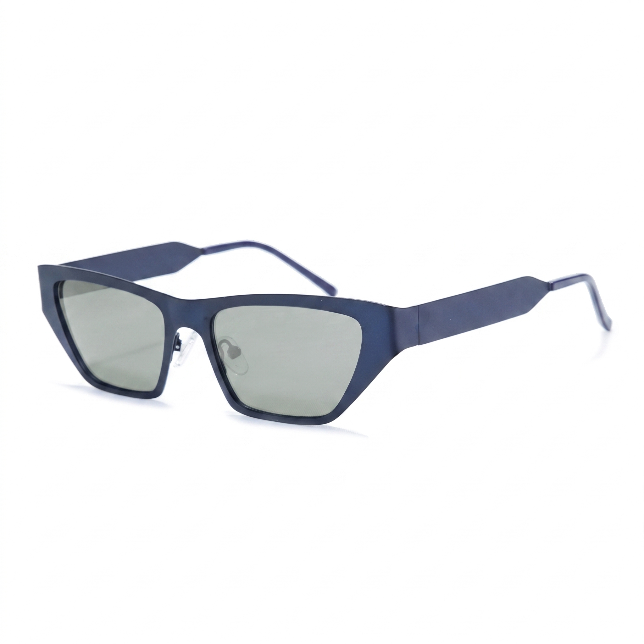 A pair of angular square sunglasses with a matte navy blue frame and light gray lenses, shown on a plain white background.