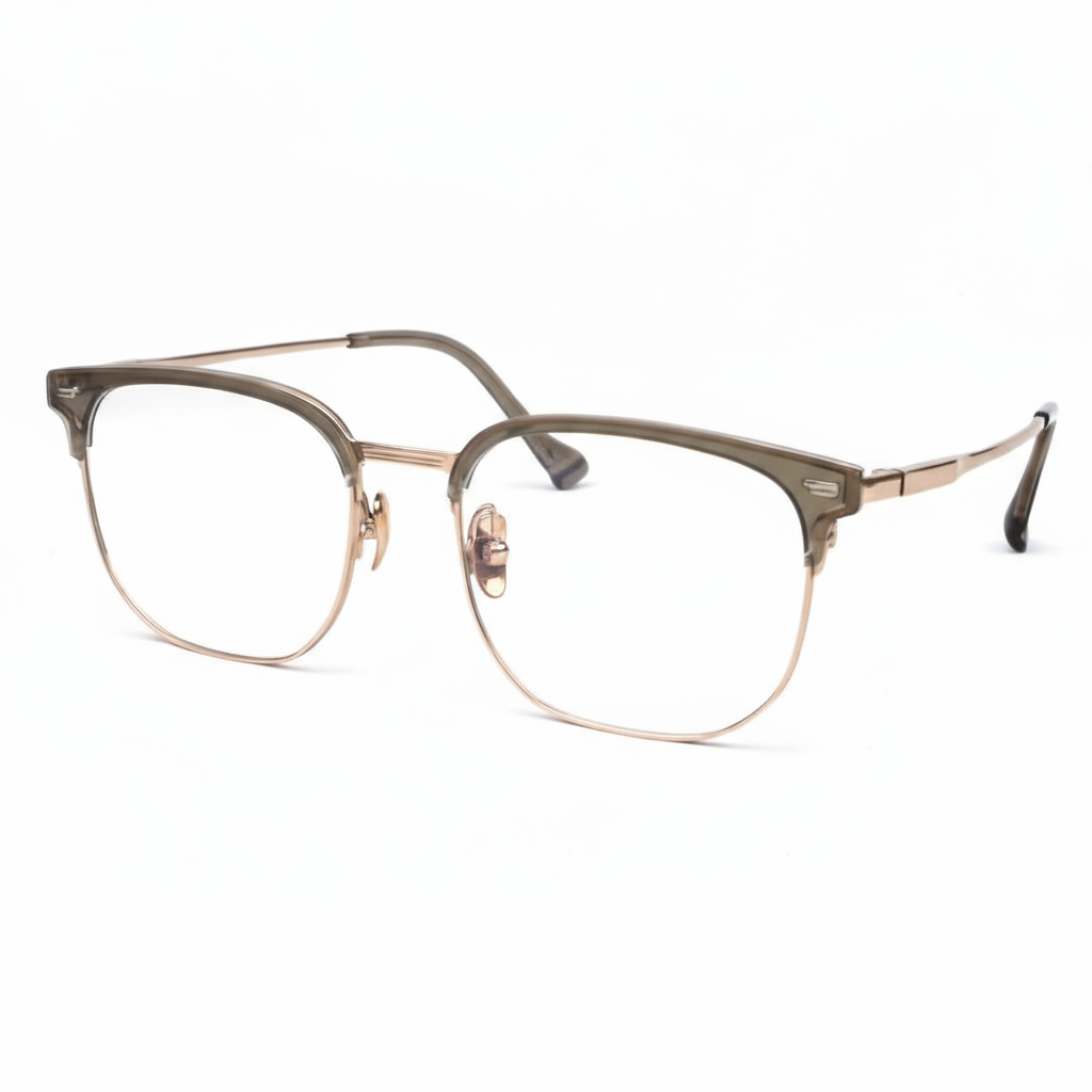 Pair of eyeglasses with a gold frame on a white background