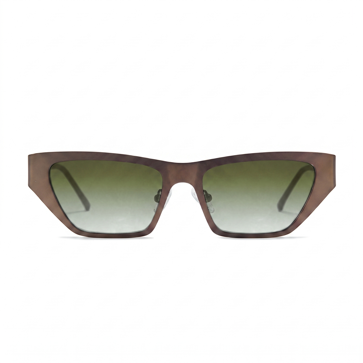 Oversized square sunglasses with a dark brown wood-grain textured frame and green gradient lenses, shown against a plain white background.