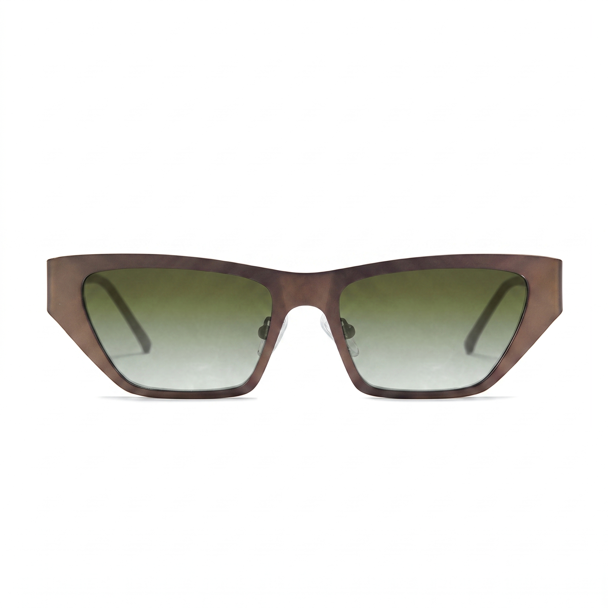 Oversized square sunglasses with a dark brown wood-grain textured frame and green gradient lenses, shown against a plain white background.