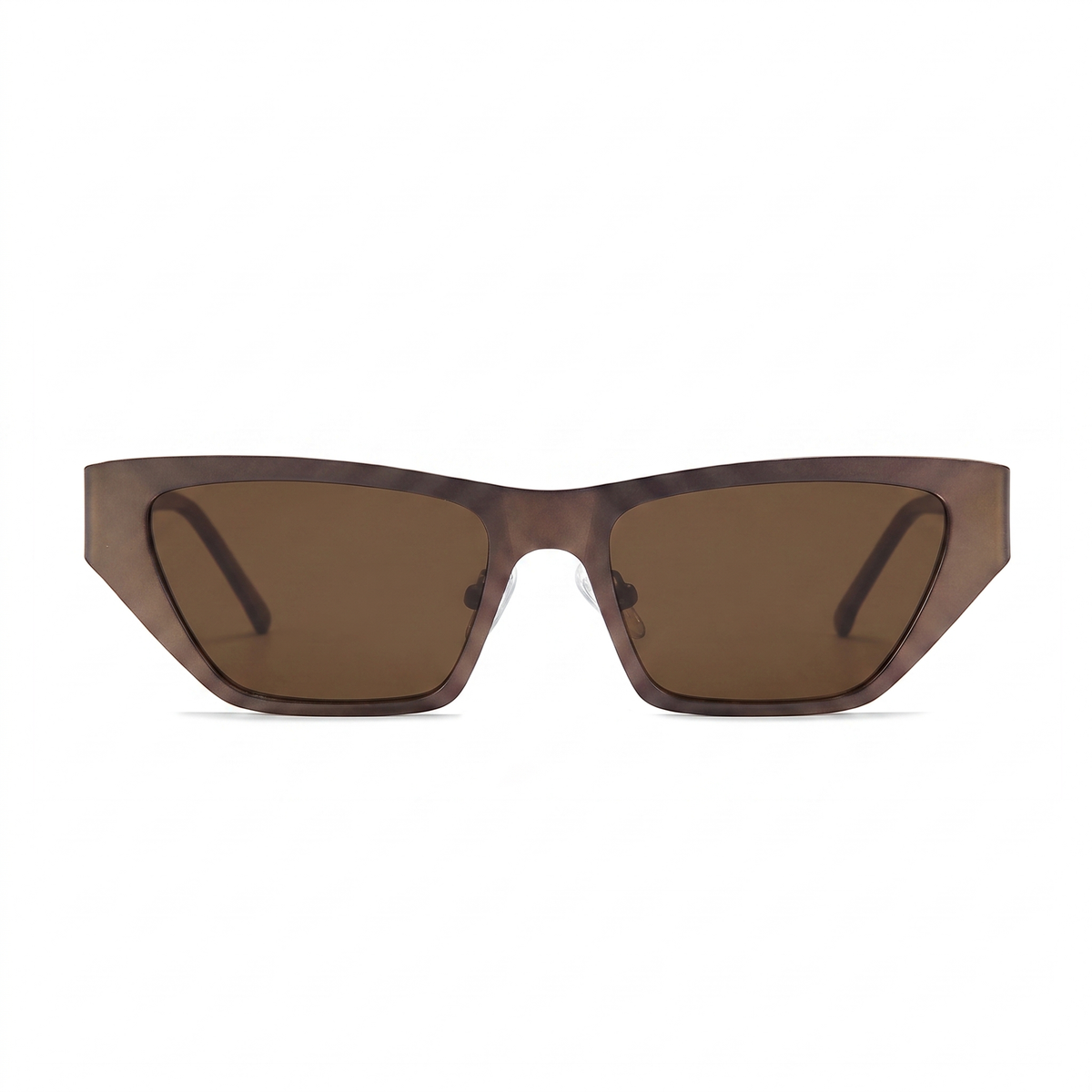 A pair of angular cat-eye sunglasses with a translucent dark brown acetate frame and matching brown lenses, shown against a plain white background.