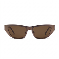 A pair of angular cat-eye sunglasses with a translucent dark brown acetate frame and matching brown lenses, shown against a plain white background.