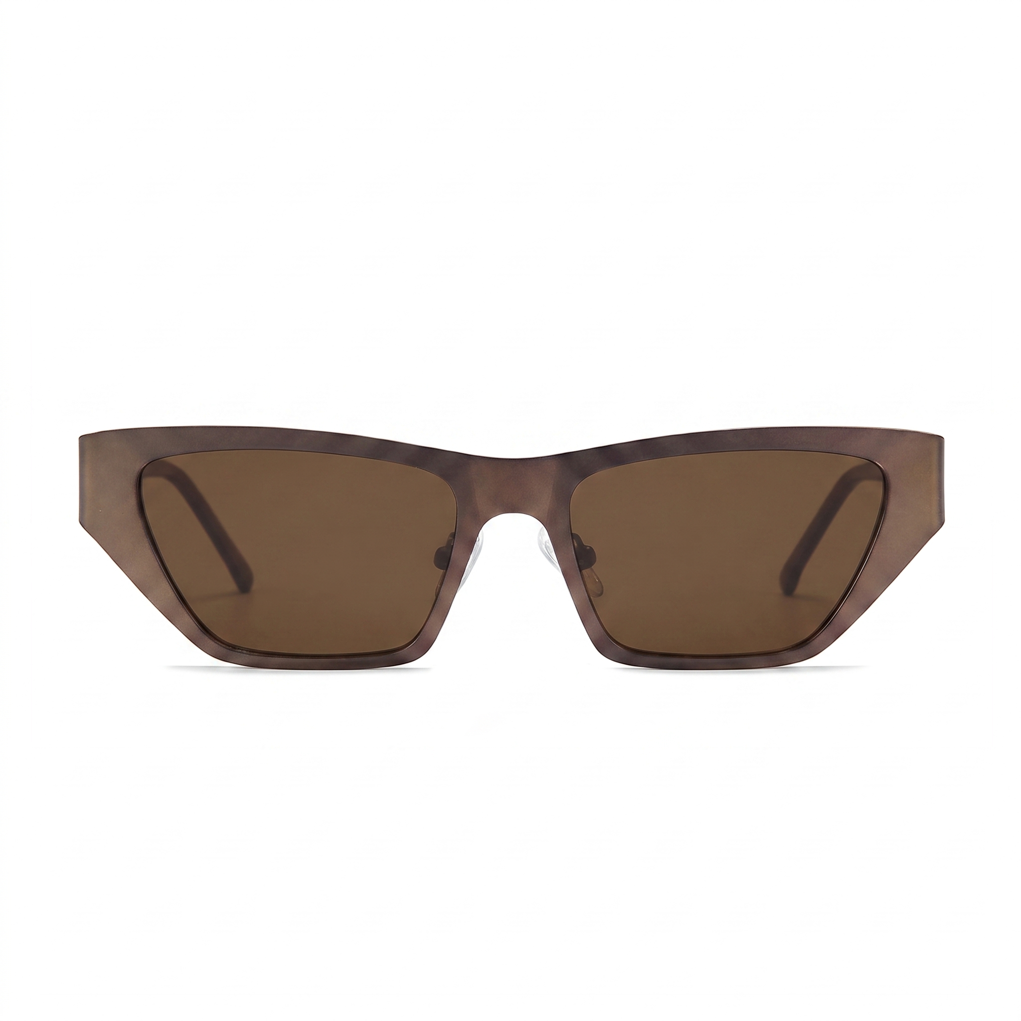 A pair of angular cat-eye sunglasses with a translucent dark brown acetate frame and matching brown lenses, shown against a plain white background.