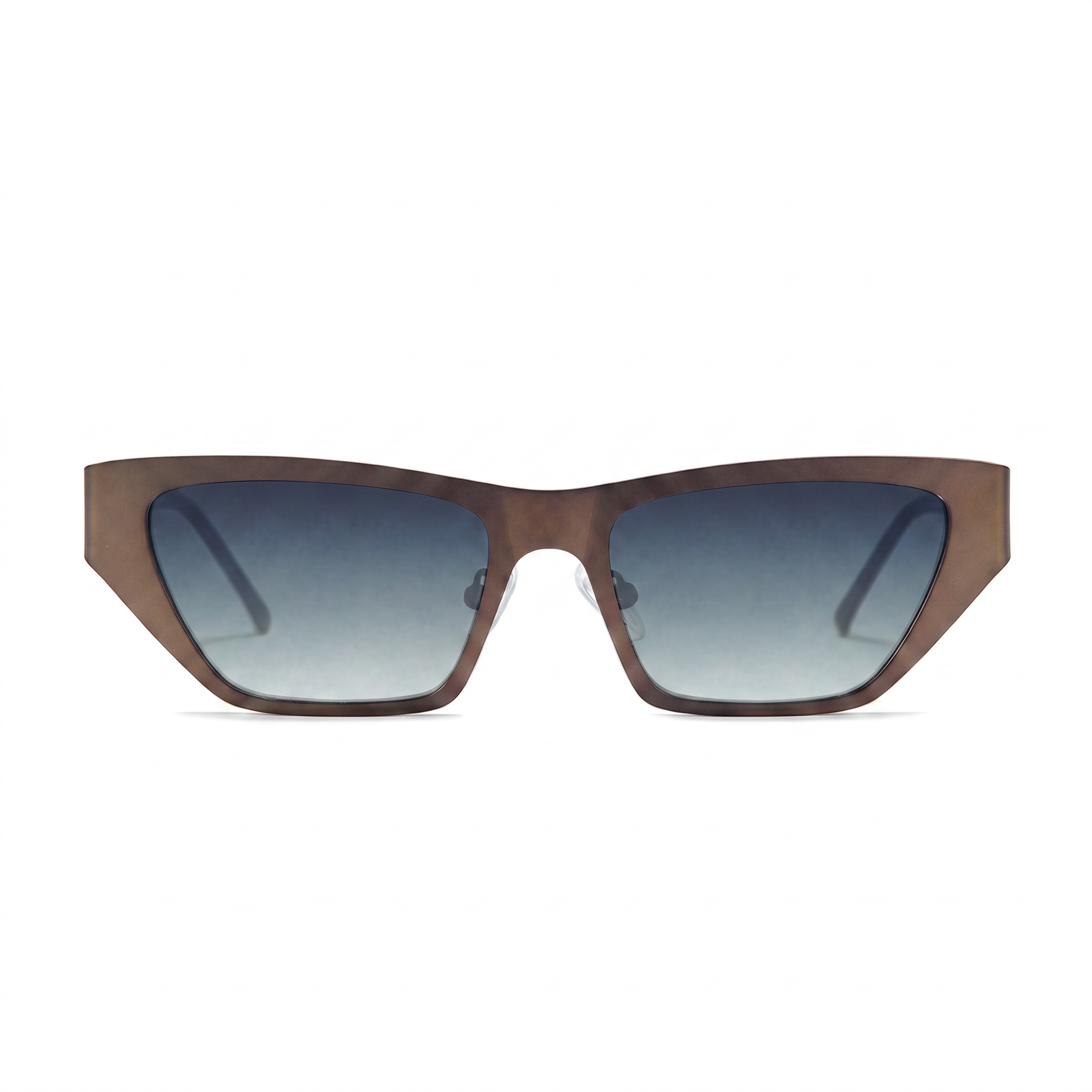 A pair of angular cat-eye sunglasses with a translucent brown frame and gradient gray-blue lenses, shown against a plain white background.
