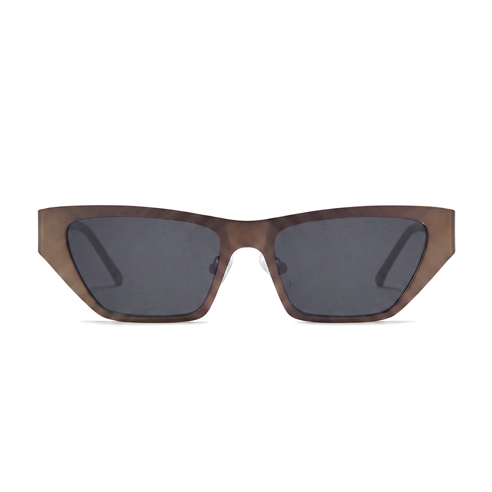 A pair of cat-eye sunglasses with a translucent brown acetate frame and dark gray lenses, shown against a plain white background.