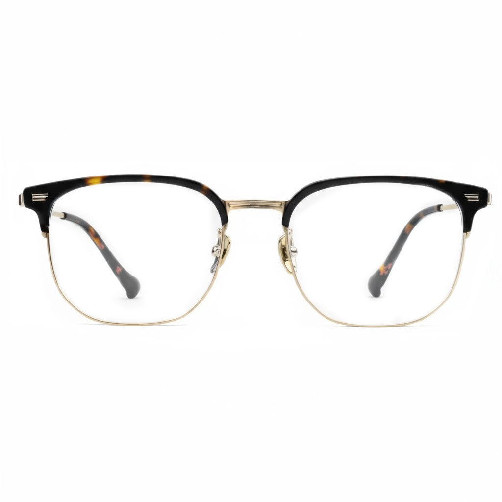 Eyeglasses with a black and gold frame on a white background