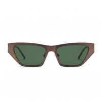 Cat-eye sunglasses with a translucent brown acetate frame and dark green lenses, shown against a plain white background.