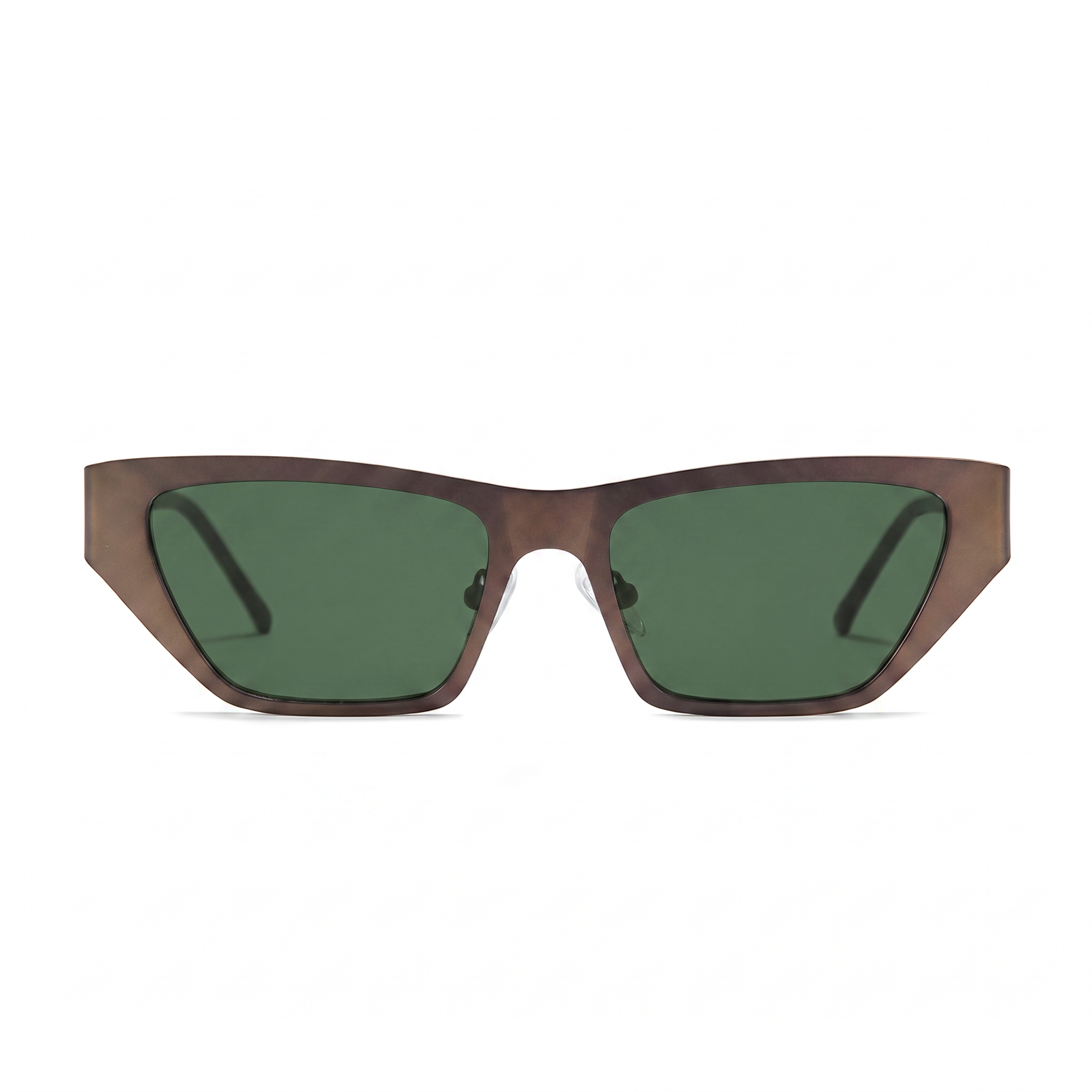 Cat-eye sunglasses with a translucent brown acetate frame and dark green lenses, shown against a plain white background.