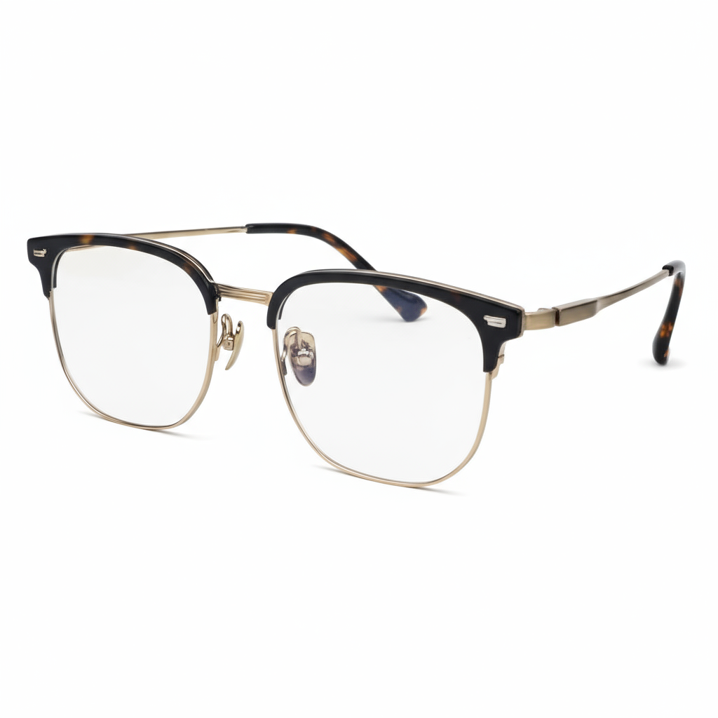 Eyeglasses with a black and gold frame on a white background