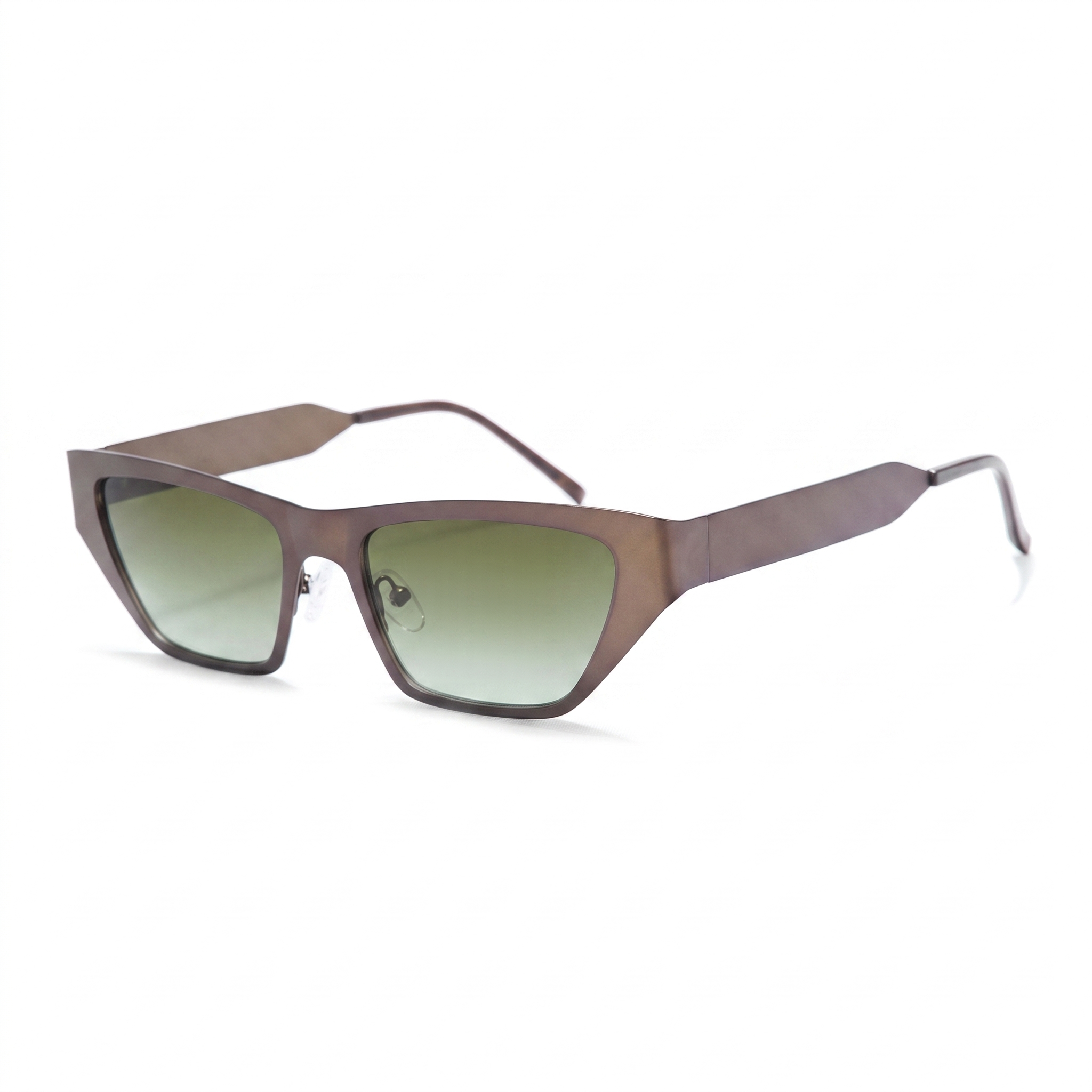 A pair of angular square sunglasses with a translucent brown frame and green gradient lenses, shown on a plain white background.